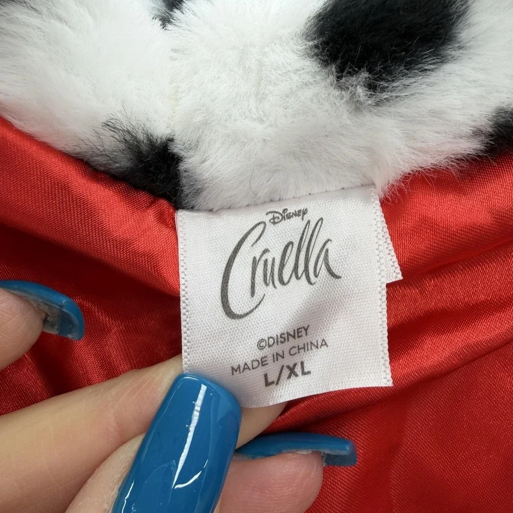 Disney Cruella Vest Womens L or XL White Dalmatian Faux Fur Hooded Long Costume